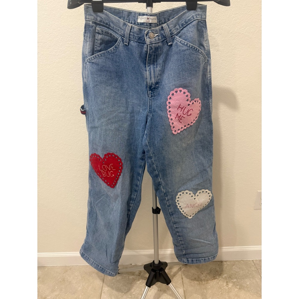 Vintage Tommy Hilfiger Carpenter Jeans 10 Custom Heart Patch Y2K Wide Leg Baggy